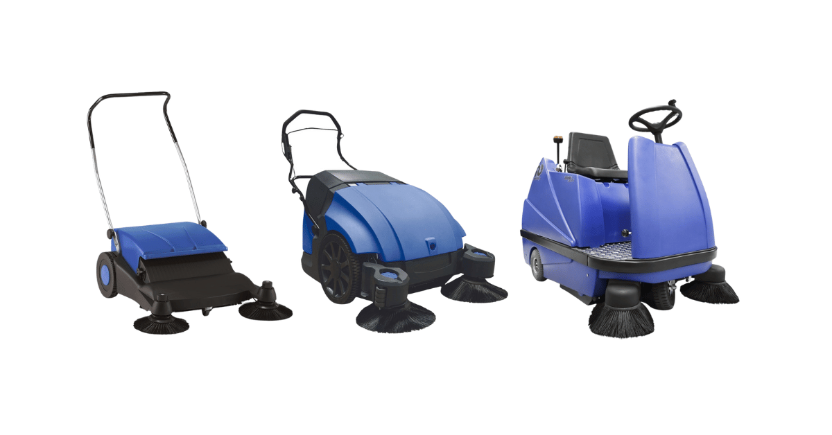 A Comprehensive Guide To Compact, Walk-Behind and Ride-On Sweepers - a suresweep S800 walk behind sweeper, ST900 walk behind sweeper and a STR1100E ride on sweeper lined up in a row.