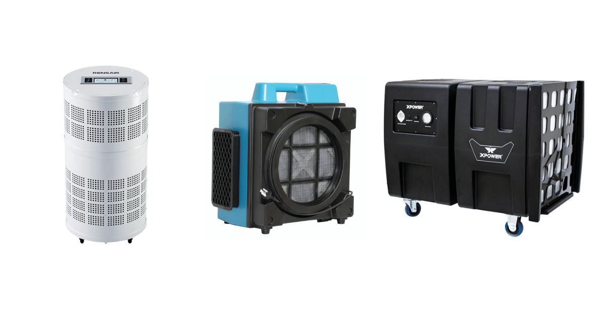 A Rensair Air purifier an XPOWER x-3400 air scrubber and an XPOWER AP2000 Commercial air scrubber lined up next to each other on a blank white background