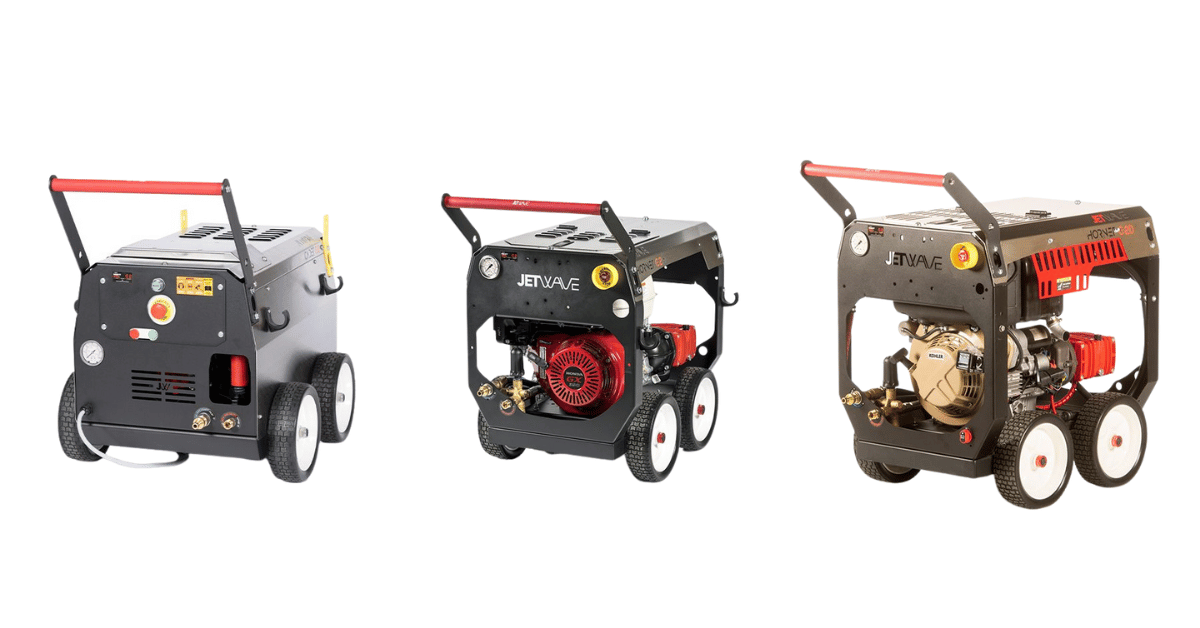 Three pressure cleaners on a white background - all jetwave branded - Jetwave Cadet G2, Jetwave Hornet, Jetwave Hornet G2D,