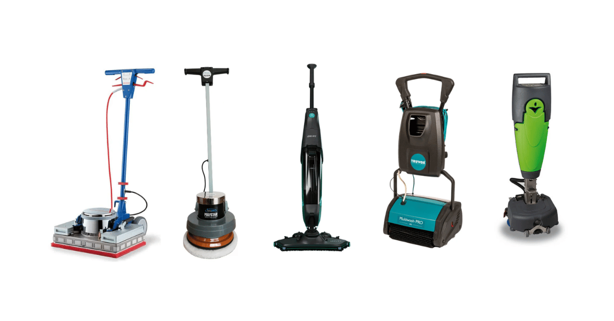 The Columbus X500S compact scrubber, Polystar Floor Polisher, the Cleanstar Dryft Floor Scrubber, the truvox multiwash pro 340 compact floor scrubber and the Mira 40 compact floor scrubber all lined up next to each other on a blank white background