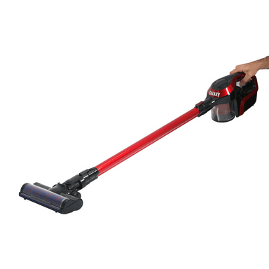 Cleanstar GALAXY 2-in-1 Battery Vacuum Cleaner person holding with hand, red, black and purple in colour on a blank white background