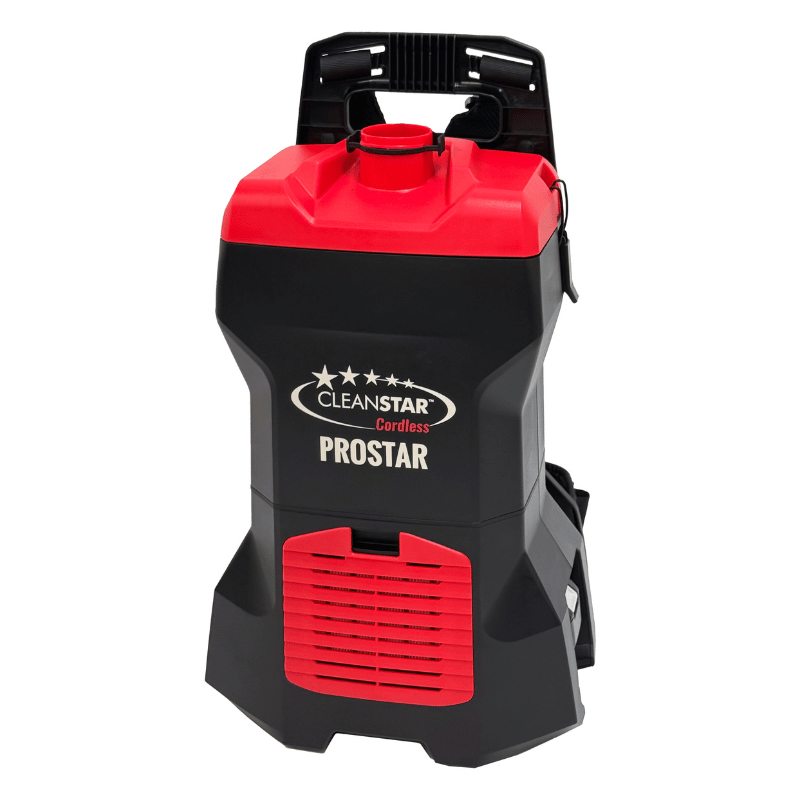 Cleanstar Prostar Cordless Backpack Vacuum Cleaner front view image - red and black in colour