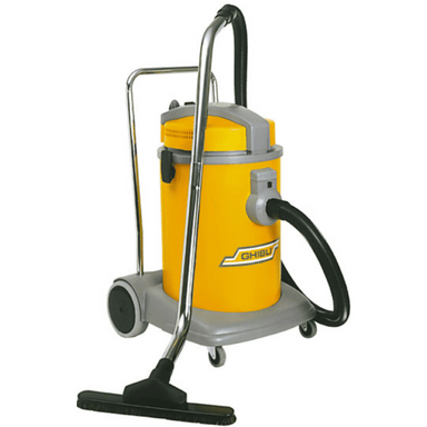 Ghibli V-AS9P 35 Litre Wet 'n' Dry Commercial Plastic Vacuum front view yellow in colour with floor cleaning tool attached