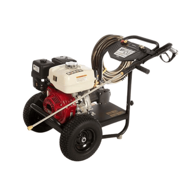 Jetwave Black GX 275-13 Cold Water Petrol Pressure Cleaner with engine and hose on a white background