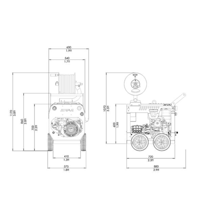 Technical drawing of a Jetwave Hornet G2 280-15 (E-Start) – Concreting Pack with dimensions labeled