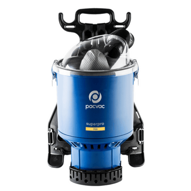 Pacvac Superpro 700 VPVSP Backpack Vacuum Cleaner front view blue in colour with the pacvac logo