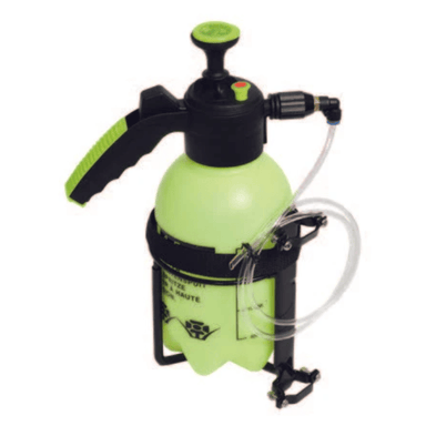 Green pressure sprayer with black pump on a white background