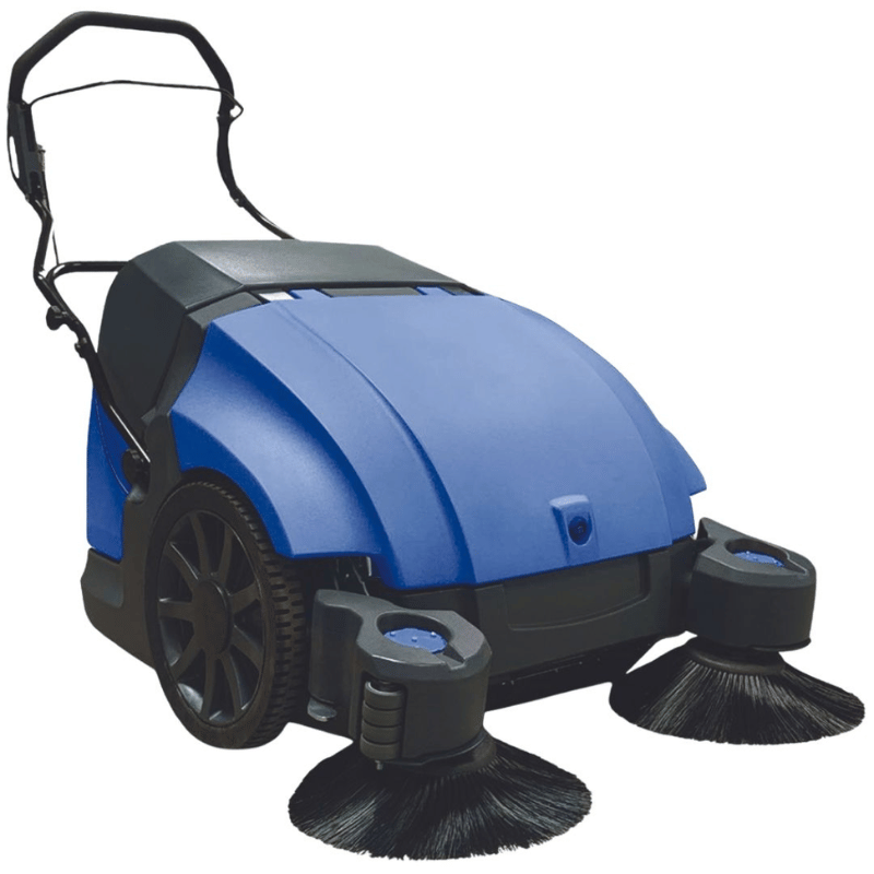 Stolzenberg SureSweep ST900 Battery Walk Behind Floor Sweeper black and blue in colour front view