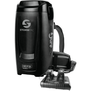 Surevac Stormpac Battery Backpack Vacuum Cleaner front view with batteries black in colour