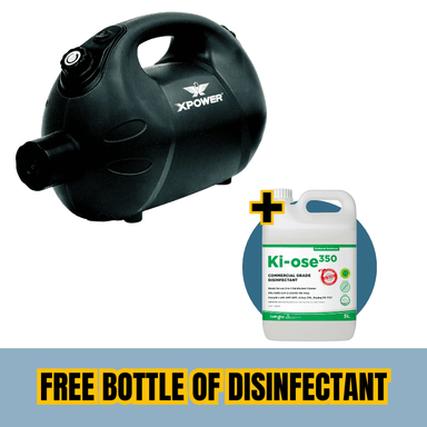 XPOWER Battery Powered Cordless ULV Cold Fogger F16B with a bottle of Ki-ose350 disinfectant on a white background