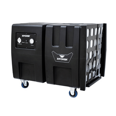 Black Xpower AP2000 High Volume Commercial Air Scrubber on wheels with a white background