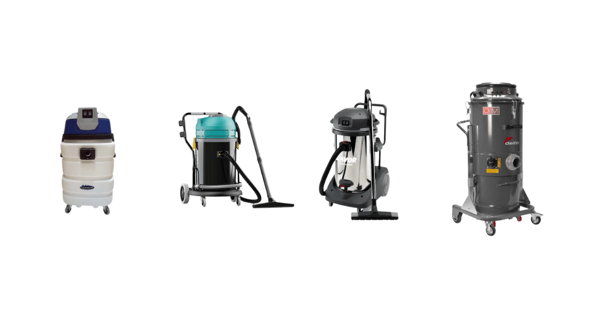 Commercial vacuum cleaners in a row on a blank white background.