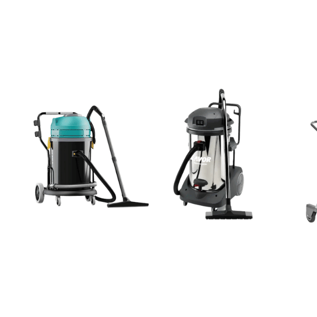 Commercial vacuum cleaners in a row on a blank white background.