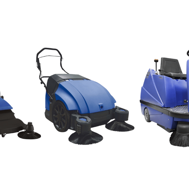 A Comprehensive Guide To Compact, Walk-Behind and Ride-On Sweepers - a suresweep S800 walk behind sweeper, ST900 walk behind sweeper and a STR1100E ride on sweeper lined up in a row.