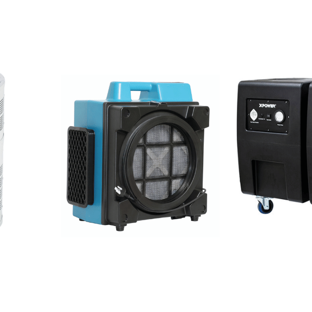A Rensair Air purifier an XPOWER x-3400 air scrubber and an XPOWER AP2000 Commercial air scrubber lined up next to each other on a blank white background