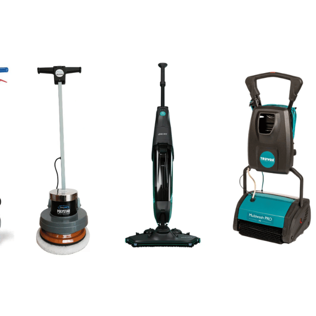 The Columbus X500S compact scrubber, Polystar Floor Polisher, the Cleanstar Dryft Floor Scrubber, the truvox multiwash pro 340 compact floor scrubber and the Mira 40 compact floor scrubber all lined up next to each other on a blank white background