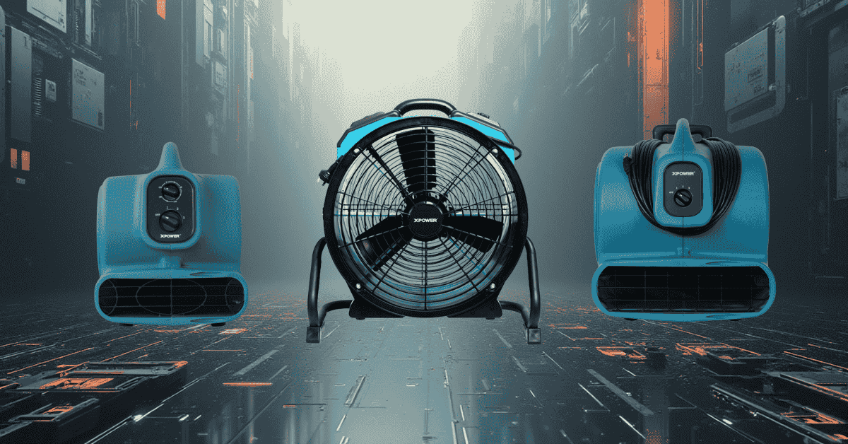 Three XPOWER air movers side by side on an industrial style background
