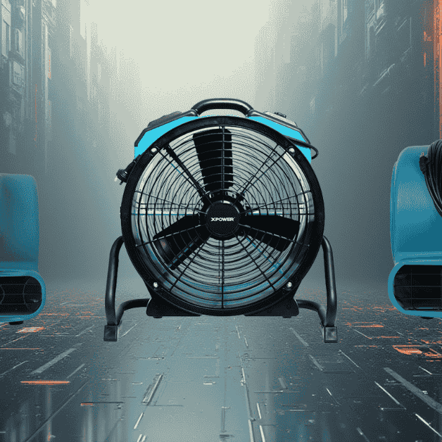 Three XPOWER air movers side by side on an industrial style background