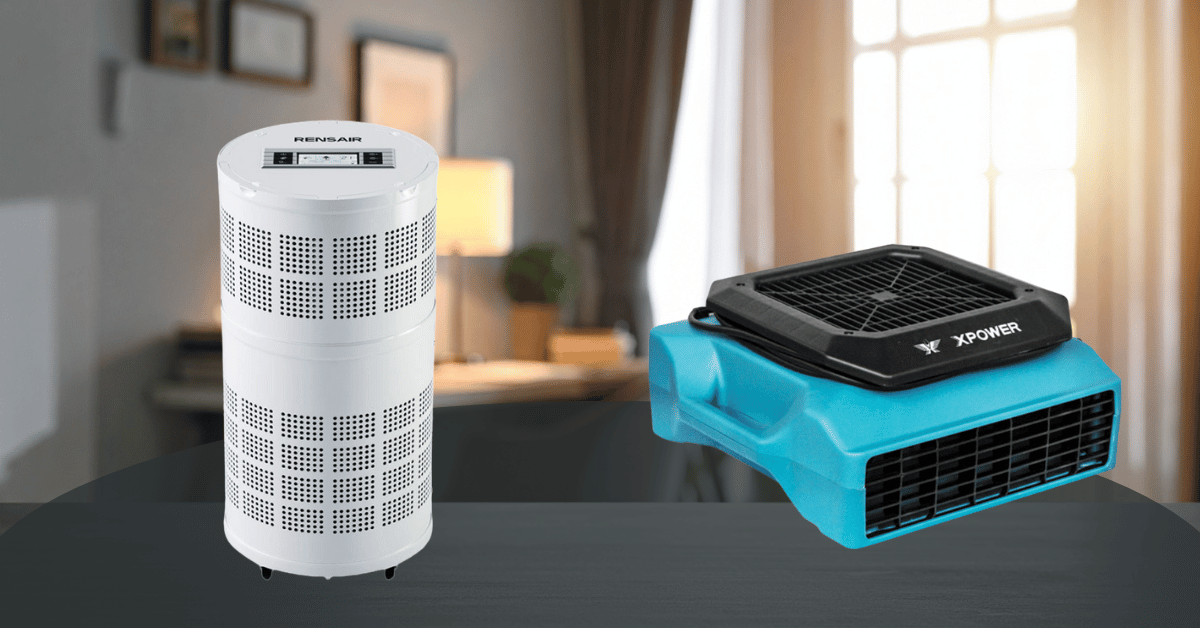 A rensair air purifier and an xpower air purifier on a bench inside a home office