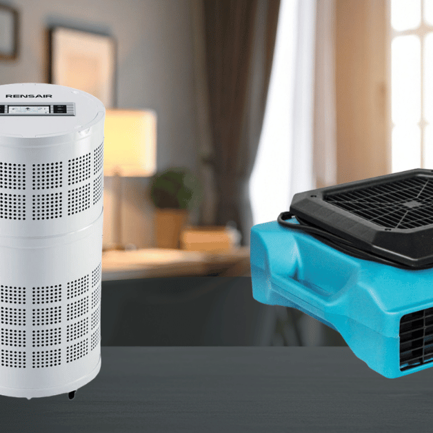 A rensair air purifier and an xpower air purifier on a bench inside a home office