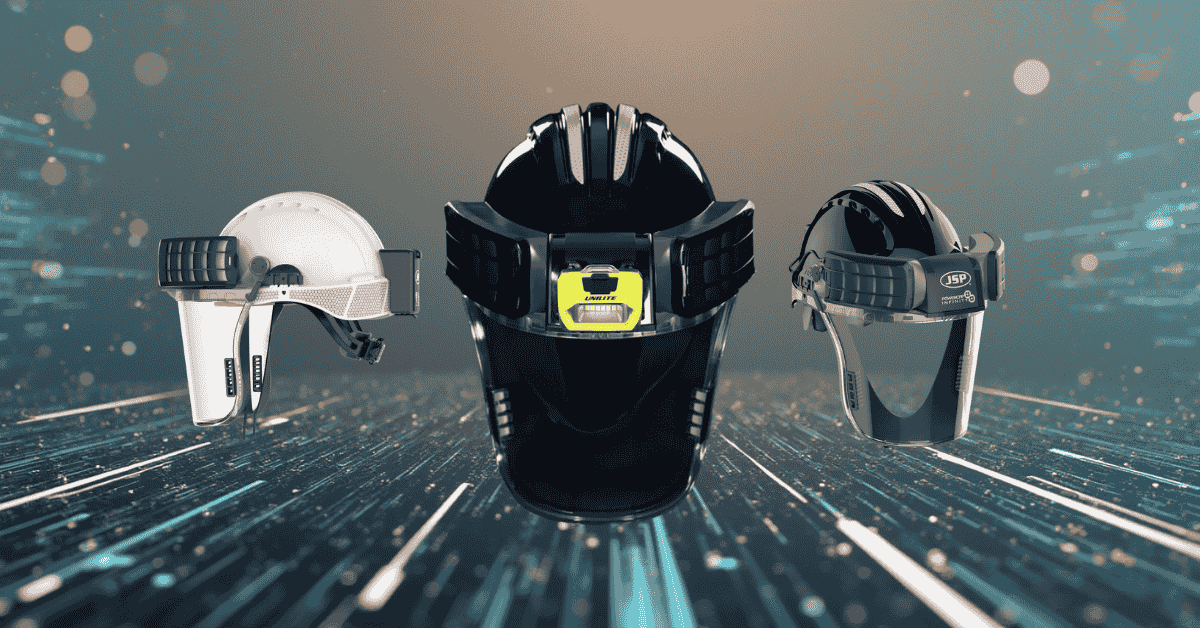 Three JSP HEPA Battery Full Face Respirators next to each other on a blue coloured sparkly background