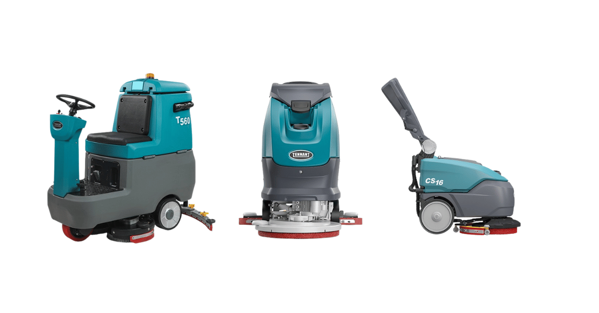 Three Tennant floor scrubbers side by side on a blank white background