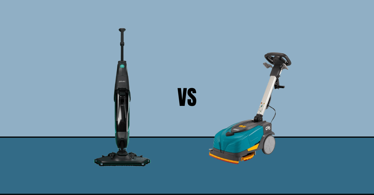 Cleanstar Dryft Floor Scrubber vs Tennant CS5 Floor Scrubber on a black dark blue and light blue background