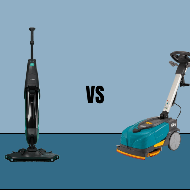 Cleanstar Dryft Floor Scrubber vs Tennant CS5 Floor Scrubber on a black dark blue and light blue background