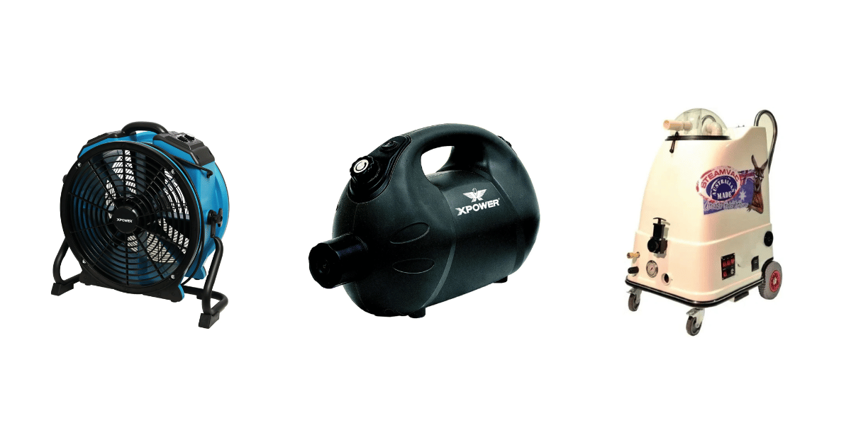 An XPOWER air mover and electric fogger and steamvac vacuum side by side on a blank white background