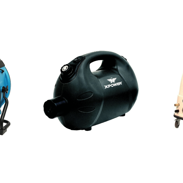 An XPOWER air mover and electric fogger and steamvac vacuum side by side on a blank white background