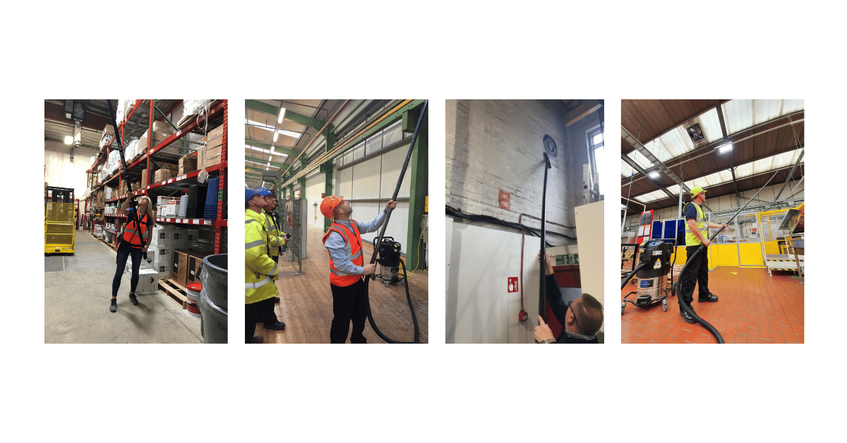 How to Clean High Interior and Exterior Spaces Safely and Efficiently four photos of people cleaning high places safely when working from the ground.