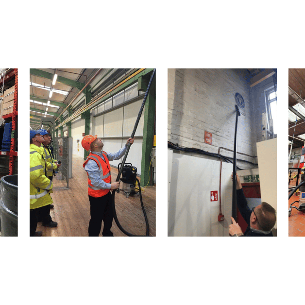 How to Clean High Interior and Exterior Spaces Safely and Efficiently four photos of people cleaning high places safely when working from the ground.
