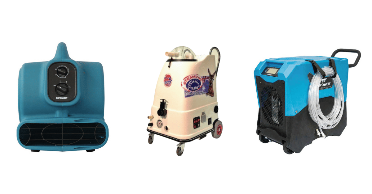 Xpower Air mover a Steamvac carpet extractor and a xpower dehumidifier side by side on a blank white background