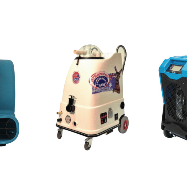 Xpower Air mover a Steamvac carpet extractor and a xpower dehumidifier side by side on a blank white background