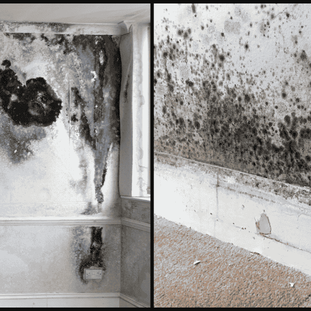 How to remove mould safely and effectively in Australia. Two photographs of black mould on white walls