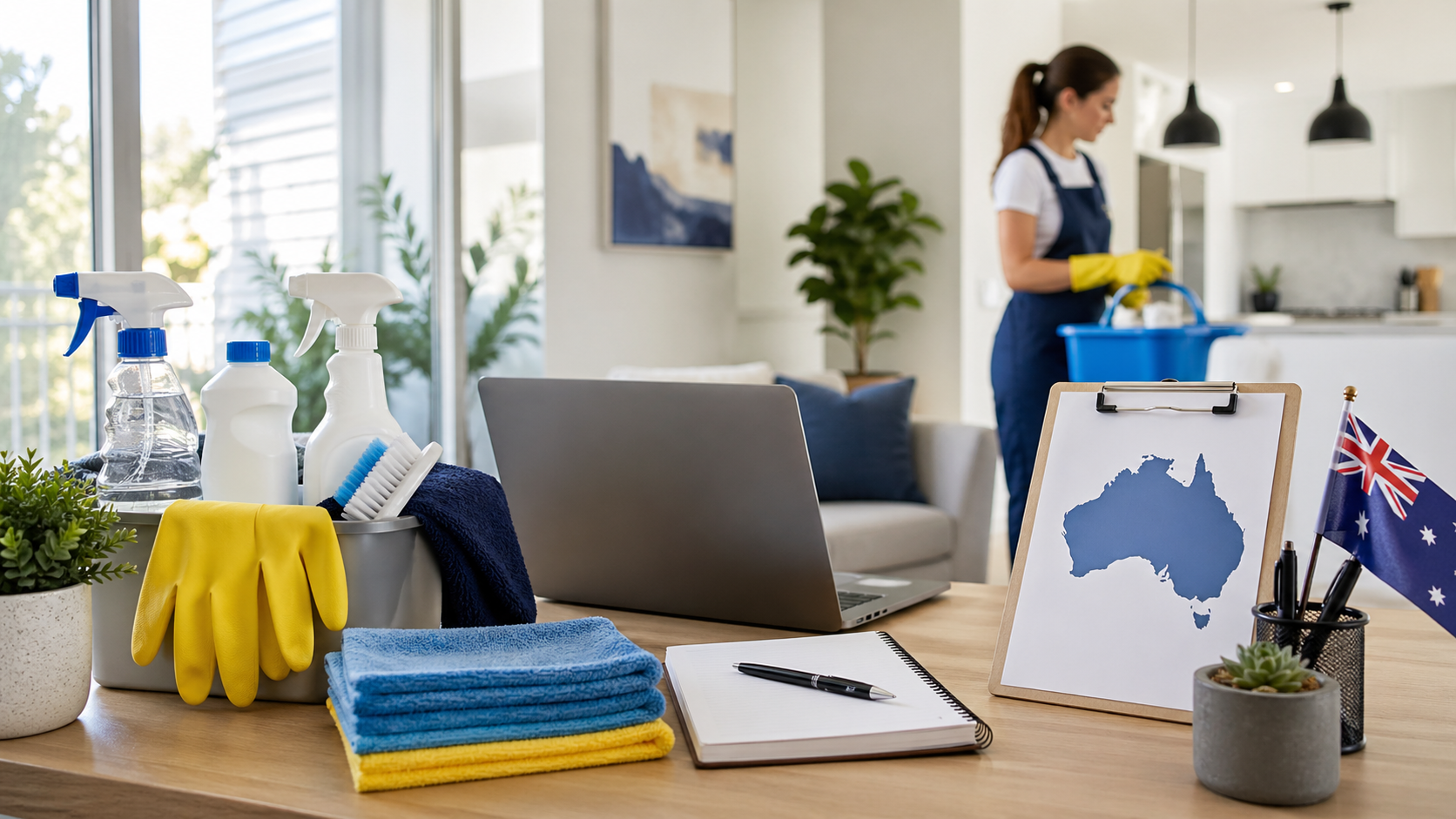 Professional home cleaning workspace in a bright modern Australian home