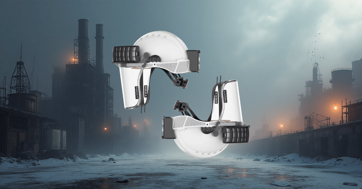 JSP Powercap Infinity HEPA Battery Powered full face respirator on industrial type background with hazardous dust particles in the air 