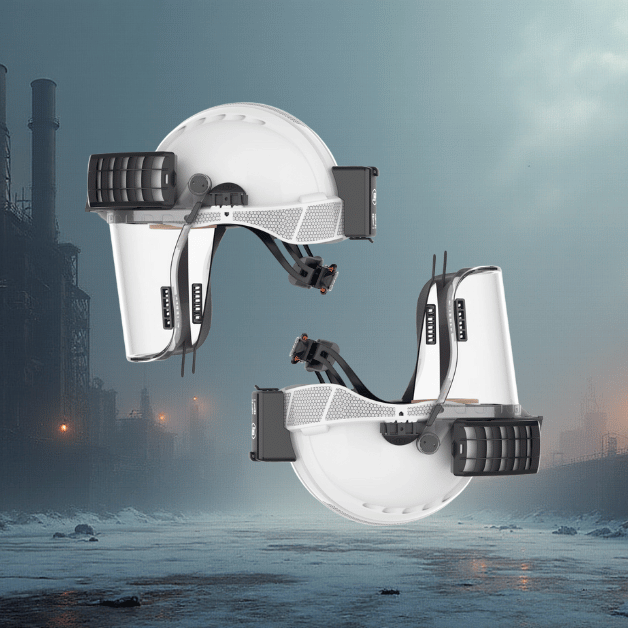 JSP Powercap Infinity HEPA Battery Powered full face respirator on industrial type background with hazardous dust particles in the air 