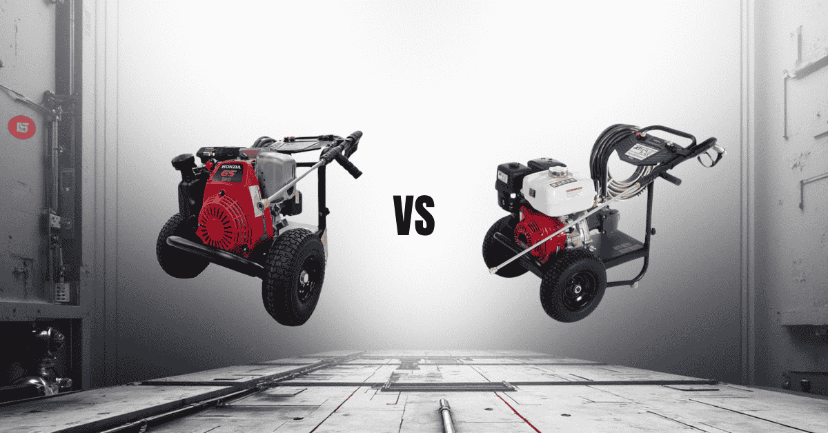 Jetwave Black GS Pressure Cleaner and a Jetwave Black GX pressure cleaner on a white/grey coloured industrial style background with the word 'vs' between them.