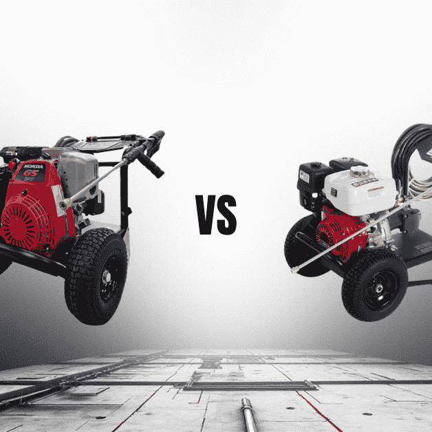 Jetwave Black GS Pressure Cleaner and a Jetwave Black GX pressure cleaner on a white/grey coloured industrial style background with the word 'vs' between them.