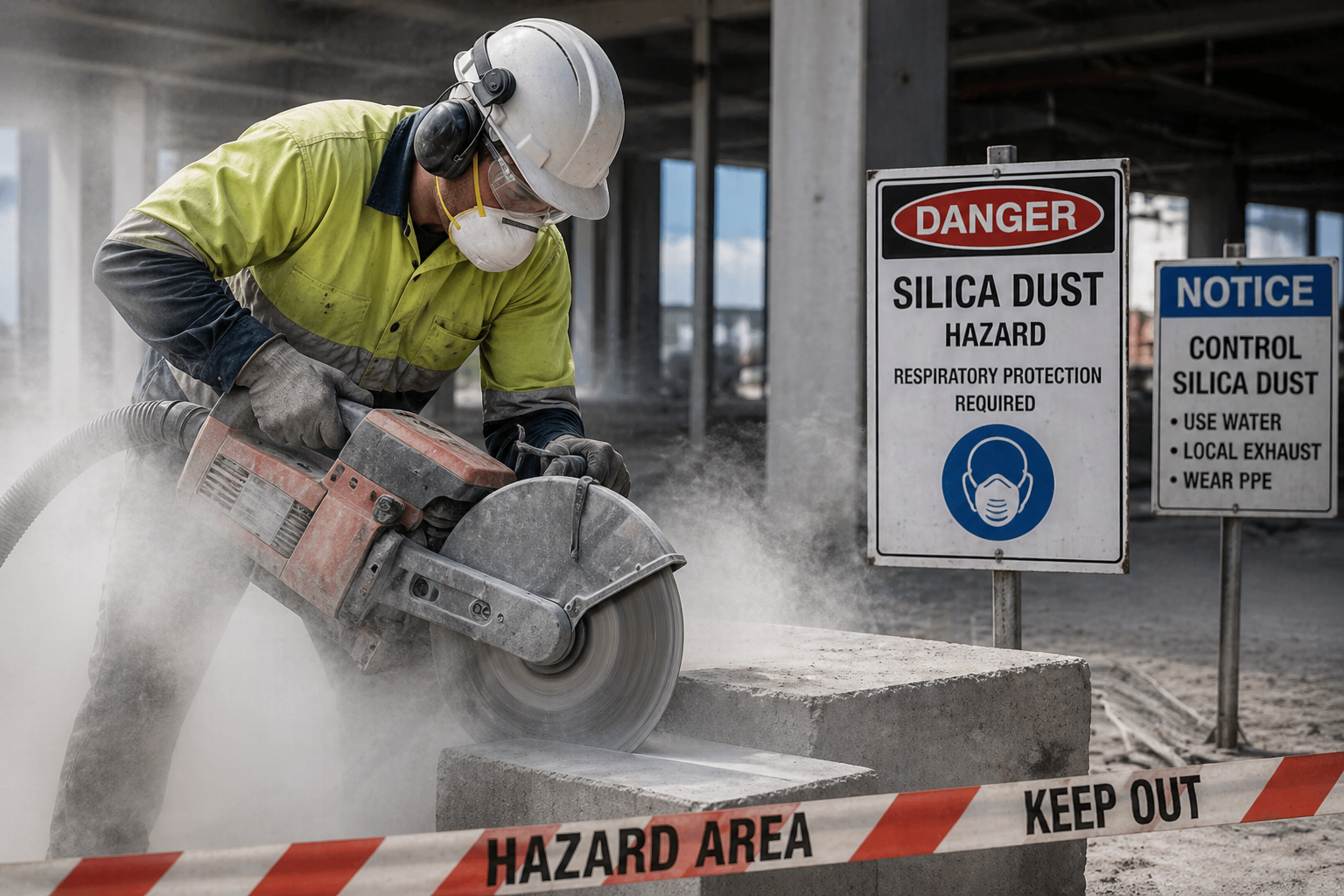 Construction worker wearing PPE cutting concrete in a dusty worksite with silica dust hazard signs and respiratory protection warnings.