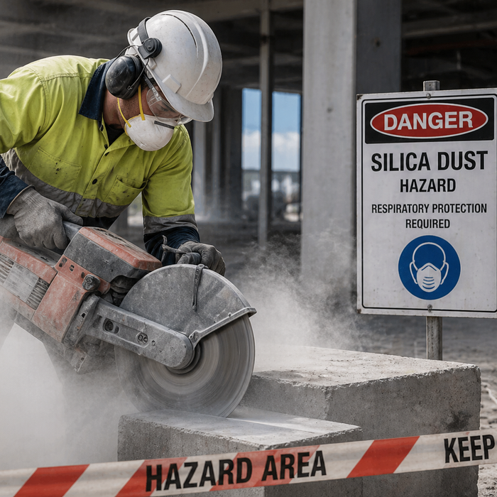 Construction worker wearing PPE cutting concrete in a dusty worksite with silica dust hazard signs and respiratory protection warnings.