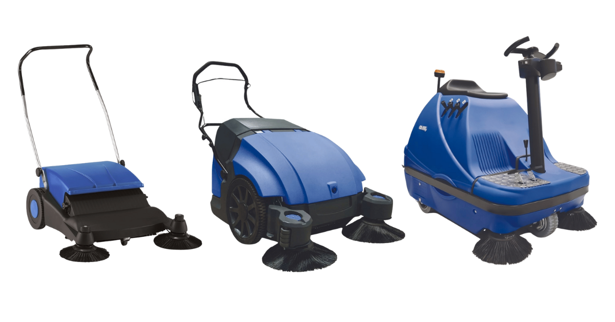 Top 5 Benefits of Using Industrial Vacuum Sweepers for a Cleaner, Safer Workplace - three suresweep industrial vacuum sweepers lined up next to each other on a blank white background