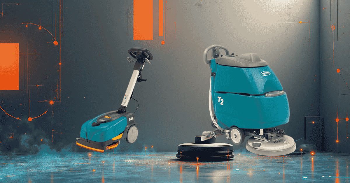 Two Tennant floor scrubbers side by side on an industrial looking background