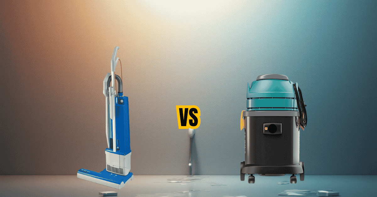 Upright vs canister vacuum cleaners - an upright vacuum cleaner next to a canister vacuum cleaner on a red and blue coloured industrial style background.
