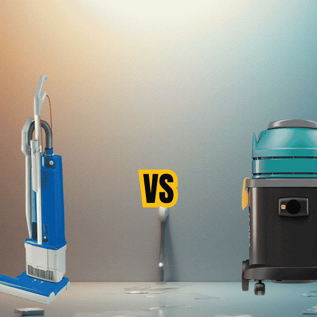 Upright vs canister vacuum cleaners - an upright vacuum cleaner next to a canister vacuum cleaner on a red and blue coloured industrial style background.