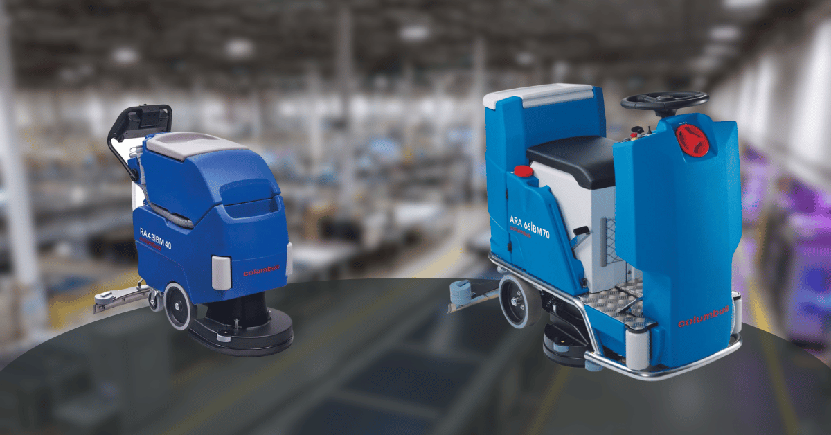 A Columbus walk behind and ride on floor scrubber side by side on a industrial background