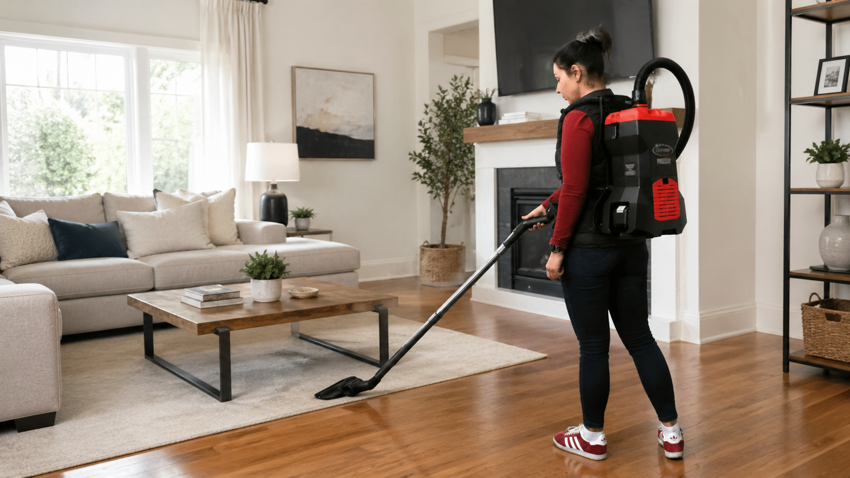 A person using a backpack vacuum to clean the hardwood floor in a bright modern living room with a sofa, coffee table, fireplace, and rug.