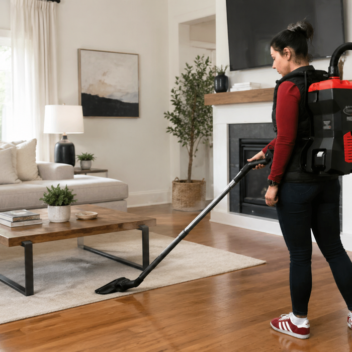 A person using a backpack vacuum to clean the hardwood floor in a bright modern living room with a sofa, coffee table, fireplace, and rug.