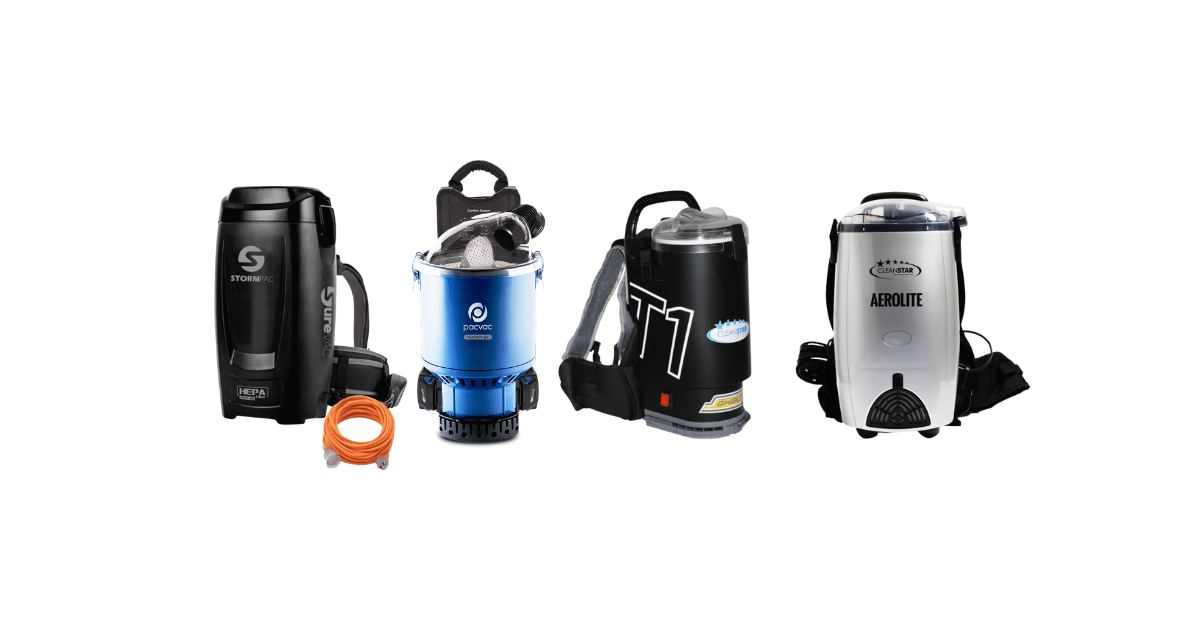 Four backpack vacuum cleaners lined up in a row - Survac Stormpac corded, pacvac superpro go, ghibli T1, aerolite VBP14000